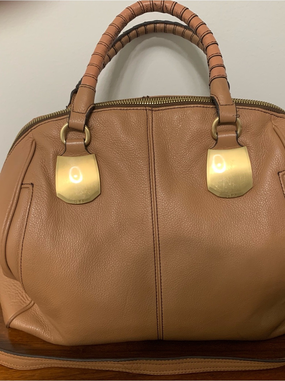 Steve Madden Tan Leather Satchel with Gold Hardware Accents